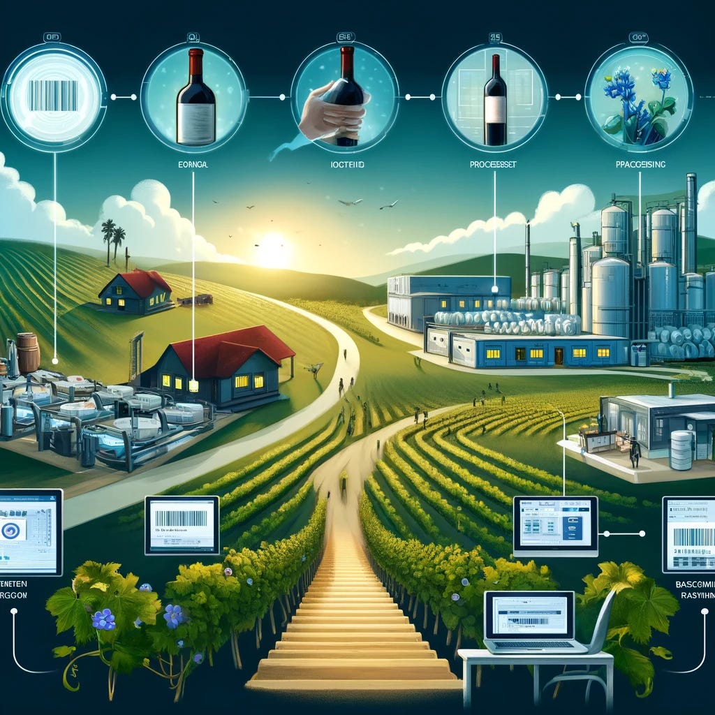 Illustrate a high-tech wine production and tracking system, showcasing the journey from vineyard to consumer. Begin with a scenic vineyard where grapes are harvested, moving on to a state-of-the-art processing facility where wine is bottled. Highlight the use of digital tracking technology, with screens and devices displaying barcodes and data, tracing each batch's journey. The final scene shows the delivery of wine bottles to a cozy home and an upscale restaurant, with a digital trace showing the origin, processing steps, and journey of the wine. This visual narrative emphasizes the investments in technology to ensure traceability and quality control, illustrating a seamless connection between the producer and the end consumer.