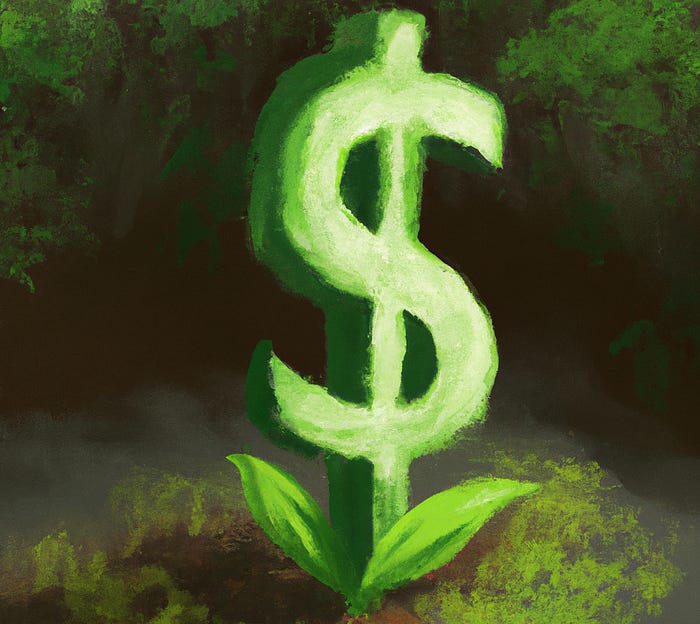 A plant in the shape of a dollar sign growing out of the mud.