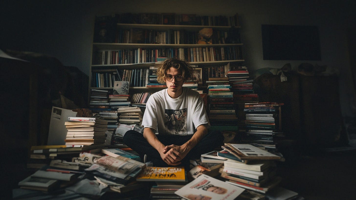 Young Entreprenuer sits at the center of a huge pile of books and stories and newspapers.