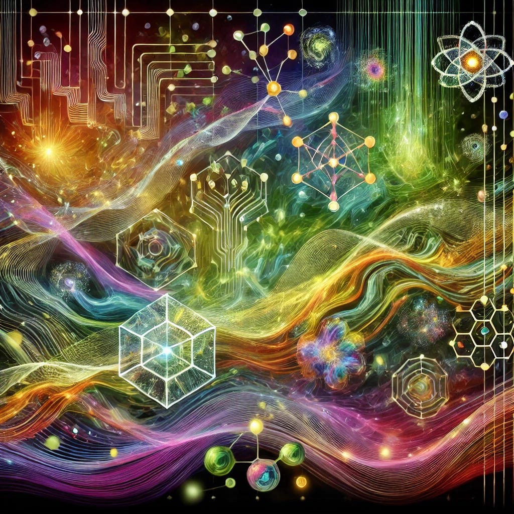 An abstract and symbolic illustration inspired by the concept of bioelectric fields influencing biological development. The image features colorful, dynamic energy patterns resembling electrical waves and gradients, interacting with abstract representations of cells and tissues. The foreground includes vibrant neural networks and geometric shapes symbolizing cellular communication. The background is a blend of soft lights and interconnected lines, evoking the harmony of biological systems. The color palette uses greens, golds, and purples to evoke life, energy, and scientific wonder, with an overall abstract and artistic style.