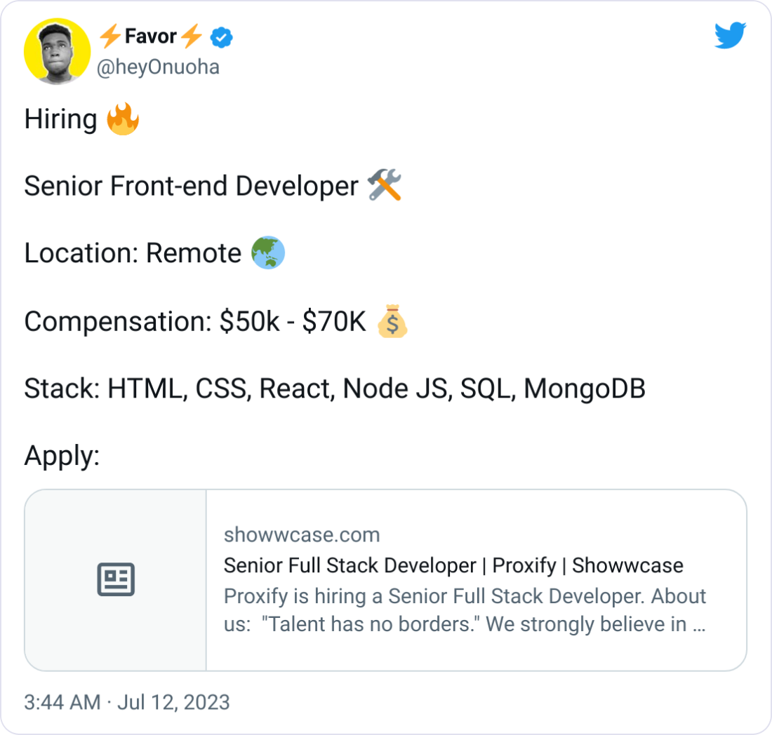 ⚡Favor⚡ @heyOnuoha Hiring 🔥  Senior Front-end Developer 🛠️  Location: Remote 🌏  Compensation: $50k - $70K 💰  Stack: HTML, CSS, React, Node JS, SQL, MongoDB