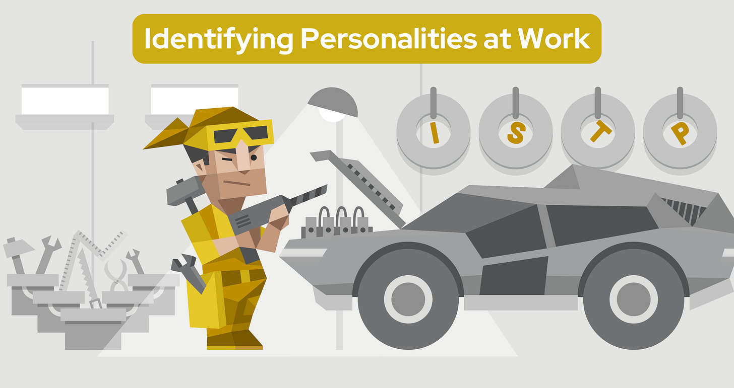 A male ISTP mechanic stands in a garage wearing a yellow cap, yellow goggles, and a yellow jumpsuit. He is holding a power drill and working under the hood of a sleek, modern car. To his left, various mechanical tools are scattered. Above the car, the letters “ISTP” are prominently displayed. Text in a yellow banner reads: Identifying Personalities at Work