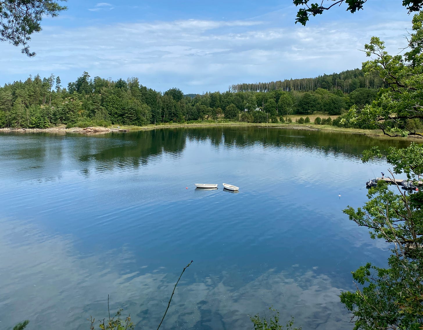 Mar calmo parecendo lago, dois barcos pequenos parados no meio e ao fundo, uma floresta