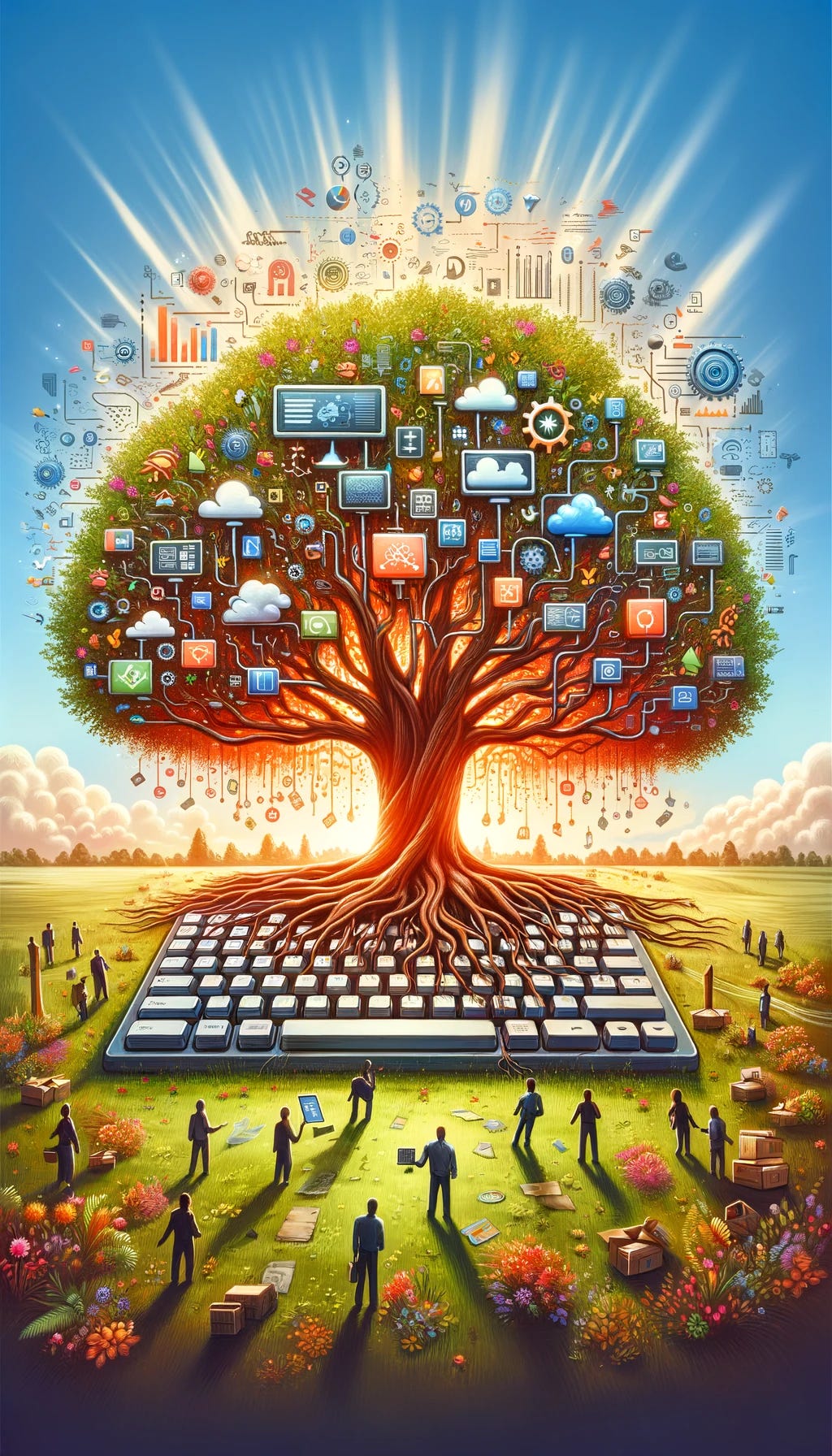 Imagine a vivid illustration that symbolizes a vertical SaaS (Software as a Service) platform experiencing rapid growth. Visualize this concept as a giant, flourishing tree rooted in a computer keyboard, stretching upwards. Its branches are teeming with various technological icons, such as cloud symbols, gears, and data charts, representing different features and services offered by the platform. The tree is surrounded by small figures of people, representing users, who are interacting with the branches, indicating engagement and adoption. The setting is outdoors, with a clear sky in the background, symbolizing optimism and endless possibilities. This scene captures the dynamic and expansive nature of a vertical SaaS platform's growth.