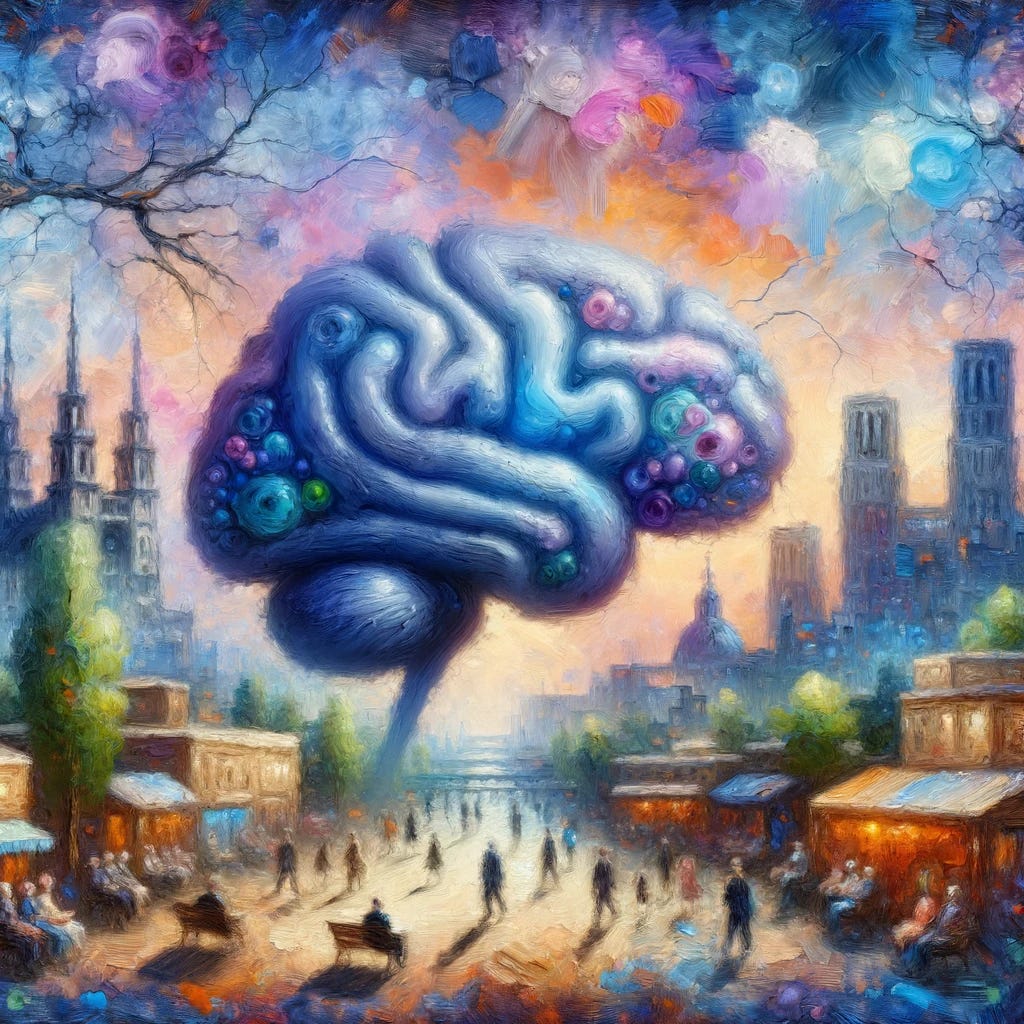 Impressionist oil painting where neurofibrillary tangles and β-amyloid plaques take the foreground, painted with a blend of moody blues and purples. Behind these structures, a vivid and detailed environmental scene unfolds, illustrating bustling cities, serene nature, and moments of human interaction, all hinting at the multifaceted social factors contributing to dementia.