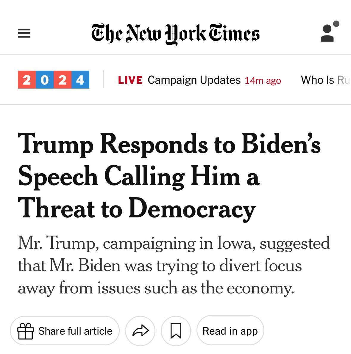 NYT headline: Trump responds to Biden's speech calling him a threat to democracy