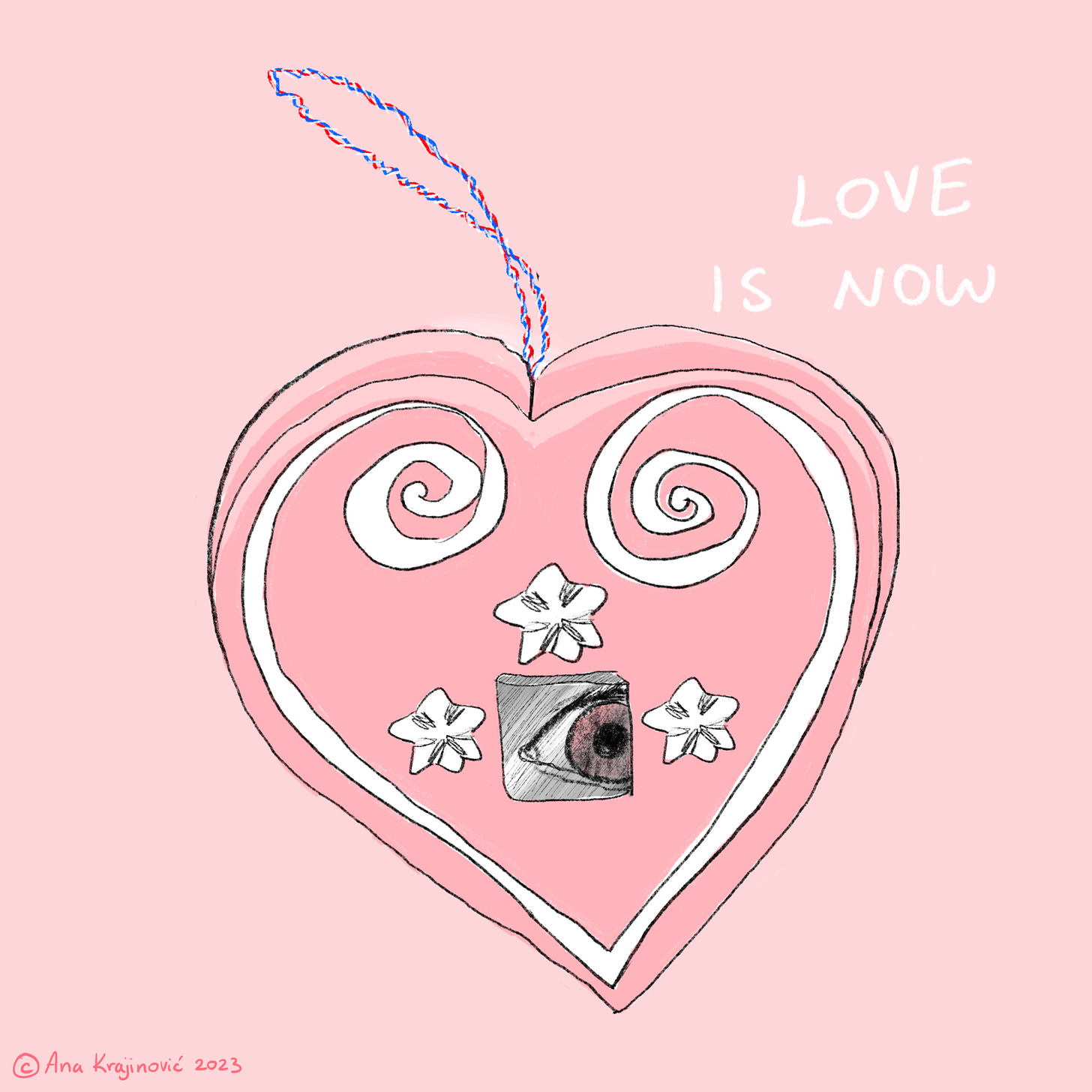 "Love is now" on the pink background with a decorated heart.
