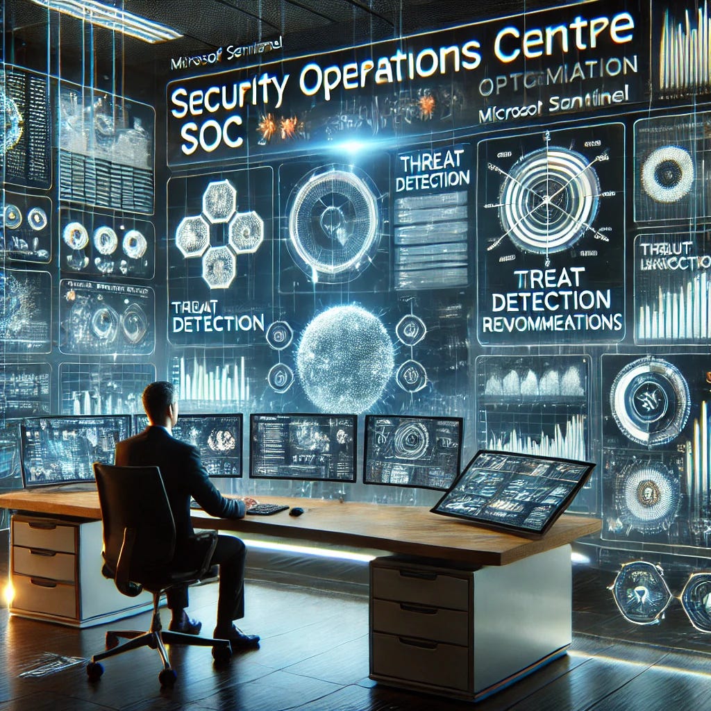 An image illustrating the concept of Security Operations Centre (SOC) optimisation using Microsoft Sentinel. The scene includes a professional workspace with digital dashboards showing security metrics, threat detection graphs, and optimisation recommendations. A cyber consultant is seen analysing data on multiple screens, surrounded by futuristic elements symbolising machine learning and data insights. The setting has a modern, high-tech feel, emphasising efficiency and advanced analytics.