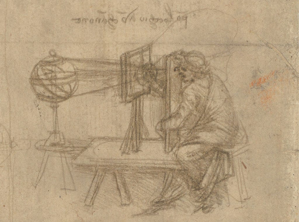 Sketch by Leonardo of an artist drawing an armillary sphere on glass. Codice Atlantico, Biblioteca Ambrosiana Milan, 5r Sketch by Leonardo of an artist drawing an armillary sphere on glass. Codice Atlantico, Biblioteca Ambrosiana Milan, 5r