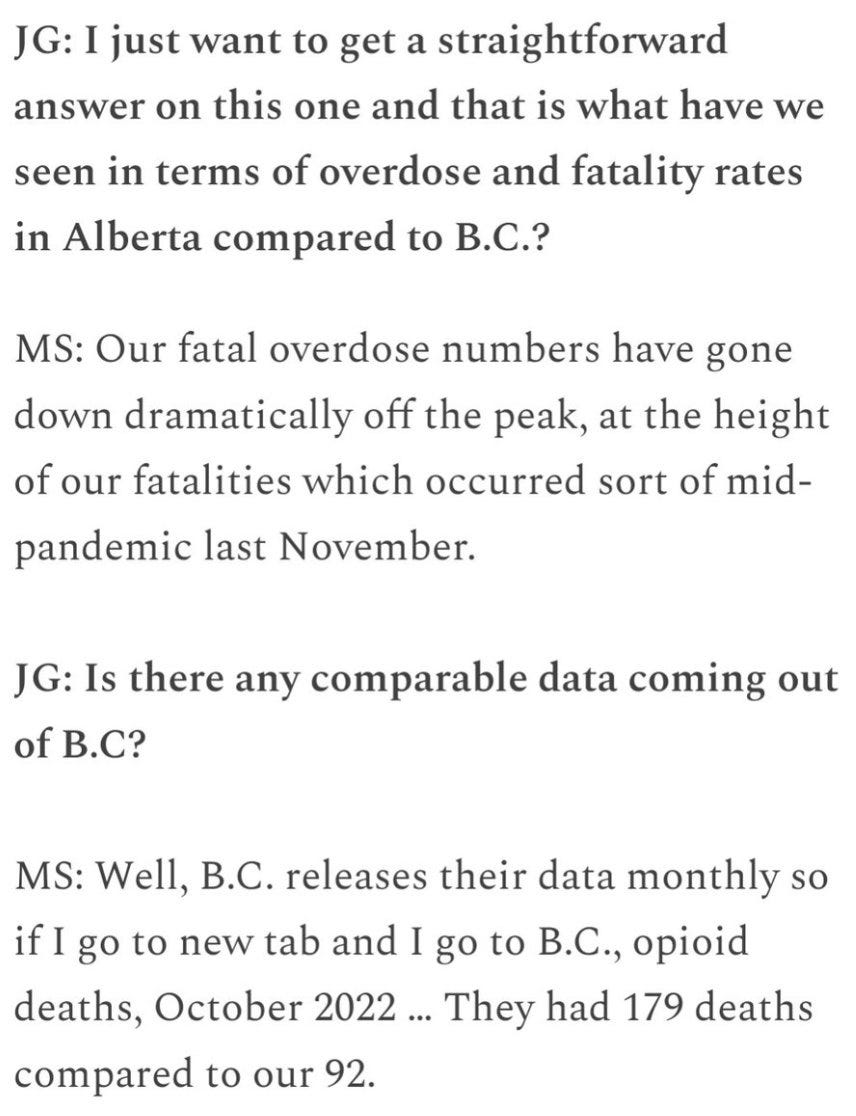 Interview segment between Jen Gerson and Marshall Smith: 

JG: I just want to get a straightforward answer on this one and that is what have we seen in terms of overdose and fatality rates in Alberta compared to B.C.?

MS: Our fatal overdose numbers have gone down dramatically off the peak, at the height of our fatalities which occurred sort of mid-pandemic last November.

JG: Is there any comparable data coming out of B.C?

MS: Well, B.C. releases their data monthly so if I go to new tab and I go to B.C., opioid deaths, October 2022 … They had 179 deaths compared to our 92.