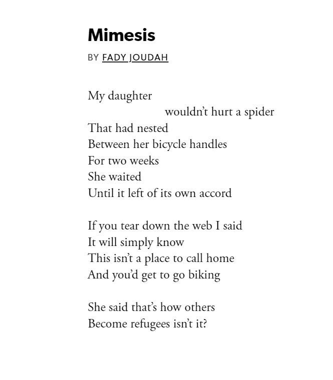 Lauren Parater on X: "Mimesis, by Palestinian-American poet Fady Joudah  https://t.co/MtanPPPQMU" / X