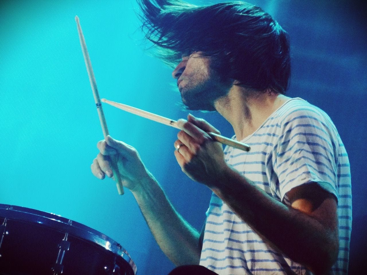 Jonny Greenwood playing drums