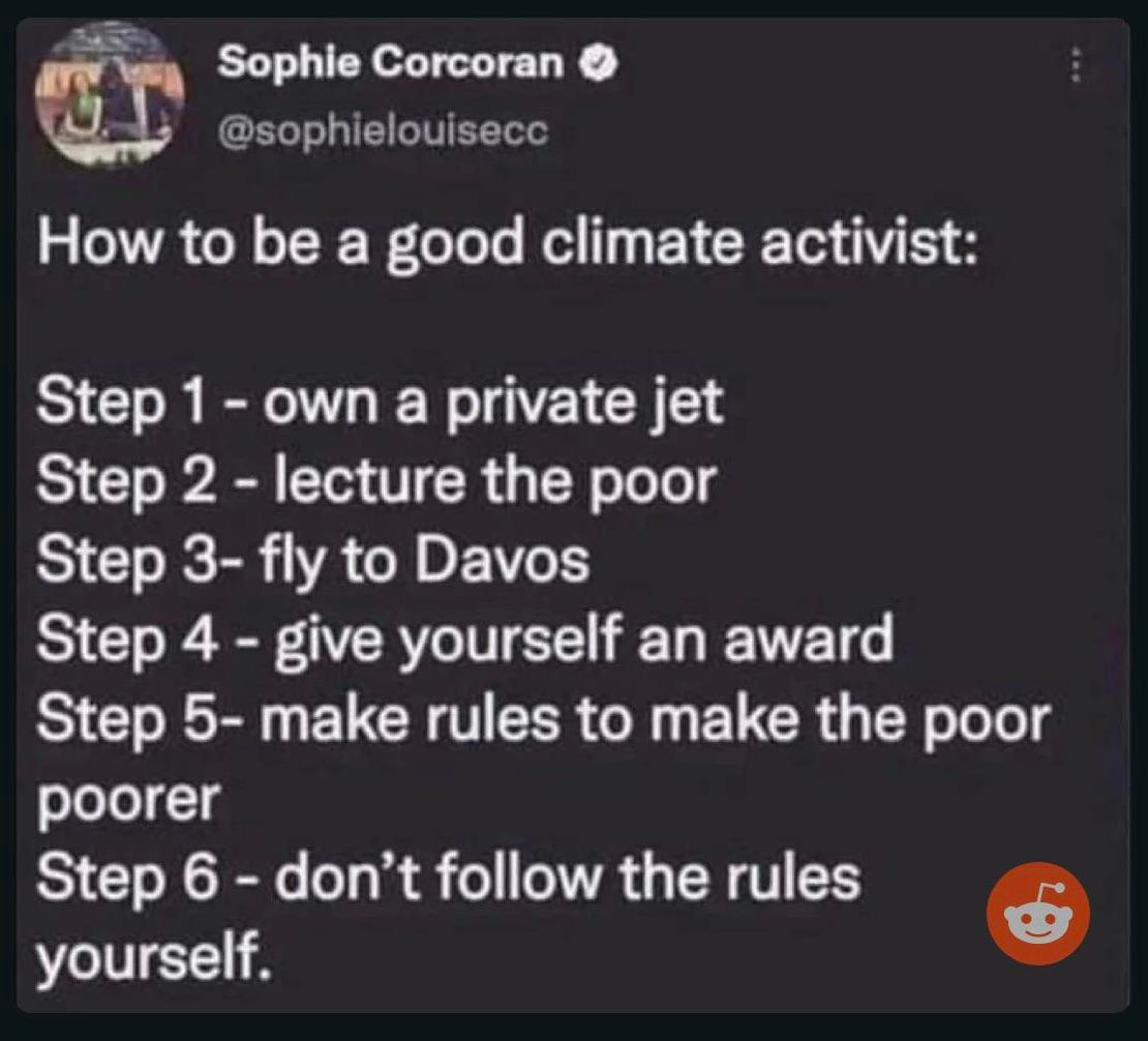 May be an image of text that says 'Sophie Corcoran @sophielouisecc How to be a good climate activist: Step own a private jet Step 2 -lecture the poor Step 3- fly to Davos Step 4- give yourself an award Step 5- make rules to make the poor poorer Step 6 don't follow the rules yourself.'