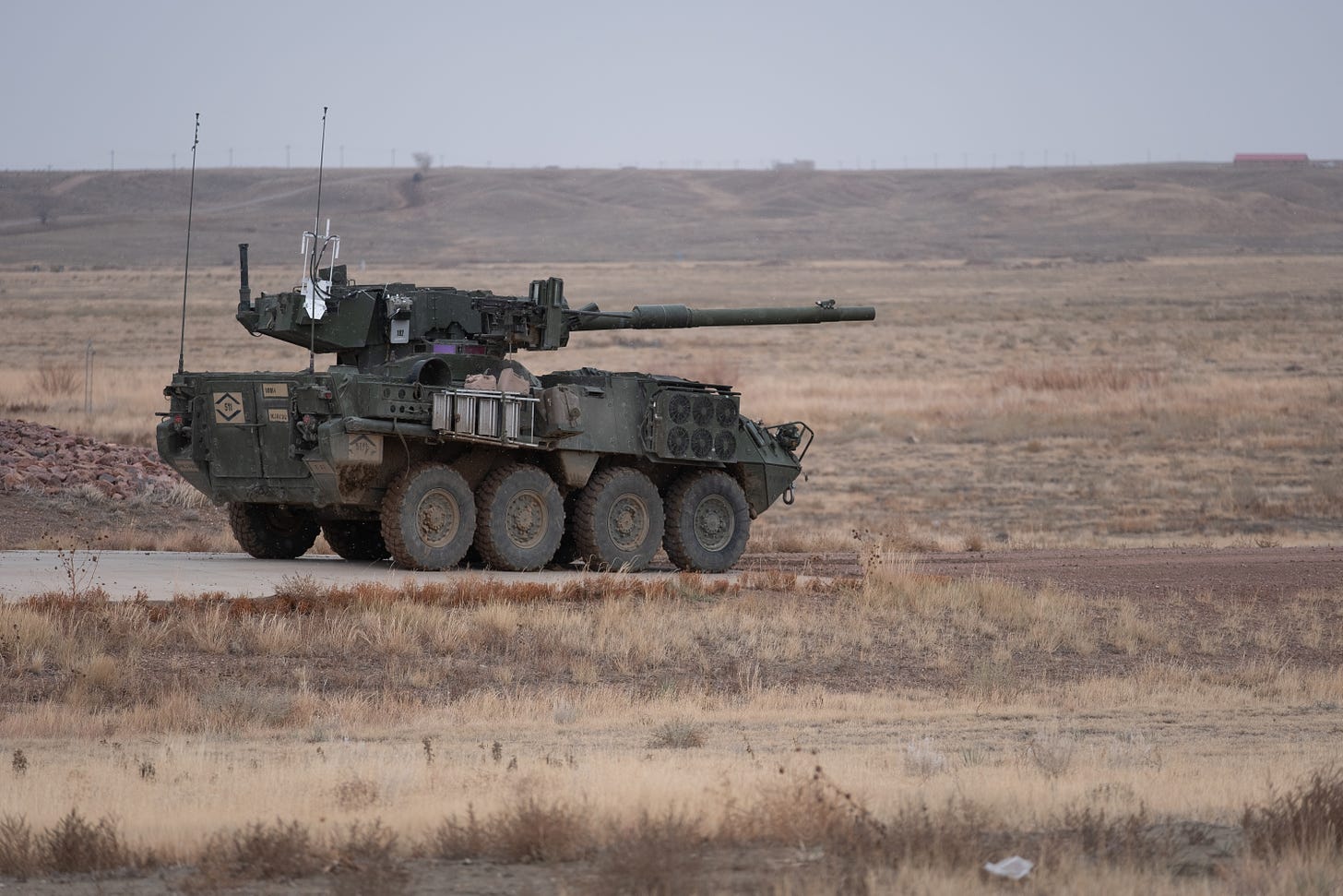 An M1128 Mobile Gun System assigned to Echo Troop, 2nd Squadron, 1st Cavalry Regiment, 1st Stryker Brigade Combat Team, 4th Infantry Division, conducts Stryker Gunnery Table VI at Fort Carson, Colorado, Nov. 24, 2020. (U.S. Army photo by Capt. Daniel Parker) 