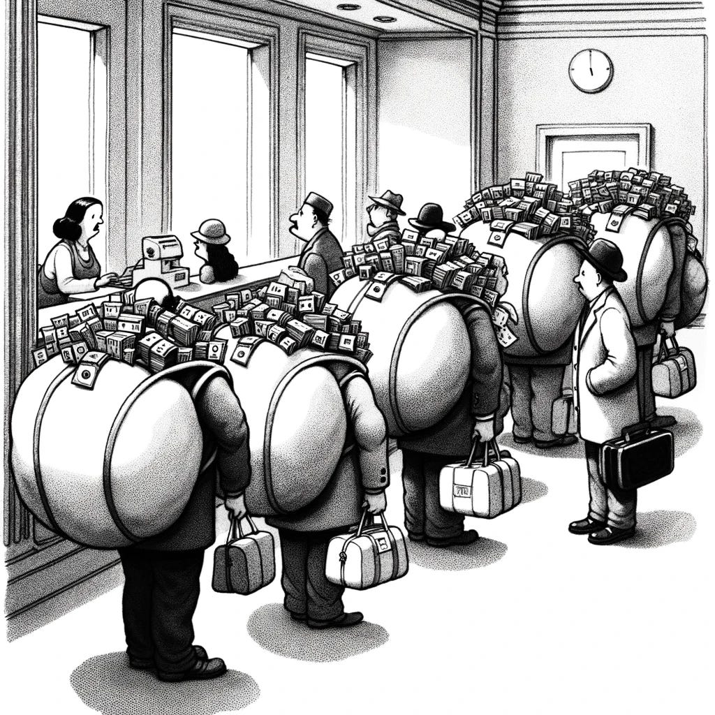 A black and white cartoon in the style of The New Yorker, depicting a line of people with oversized backpacks overflowing with cash, waiting at a cashier's counter. The characters should have exaggerated expressions of excitement and impatience, while the cashier looks surprised or overwhelmed. The drawing should capture the sophisticated yet humorous essence typical of New Yorker cartoons, with a focus on the absurdity of the situation. No text or captions should be included in the image, letting the visual narrative speak for itself.