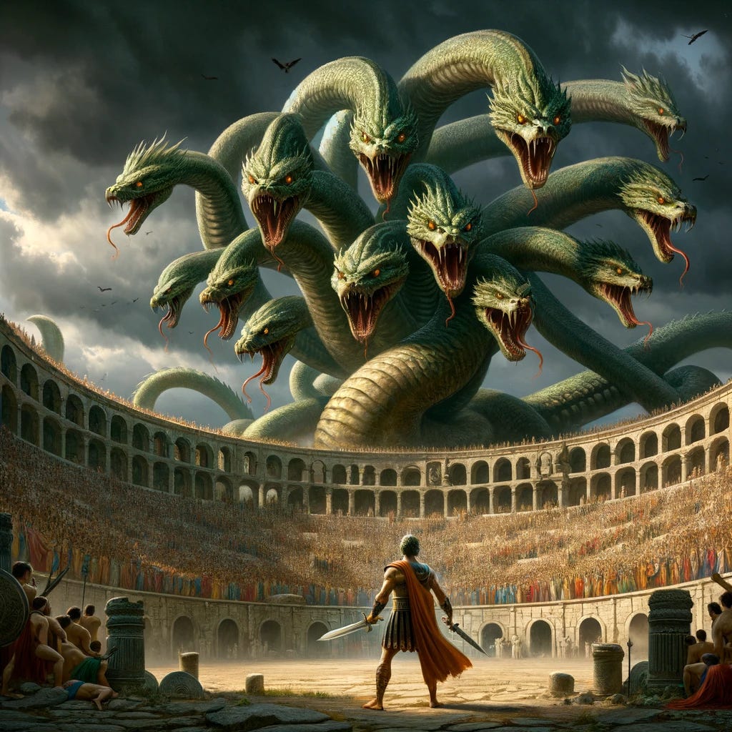 An imaginative depiction of the Hydra games, inspired by the Hercules mythology. The scene shows a large, multi-headed Hydra looming menacingly over a coliseum filled with spectators. Each head of the Hydra has a distinct, terrifying expression, and its serpentine body twists dramatically around the ancient stone architecture. In the foreground, a heroic figure resembling Hercules, wearing traditional Greek armor, stands poised with a sword, ready to battle the creature. The atmosphere is tense and dramatic, with dark clouds gathering above and the crowd visibly anxious yet captivated.