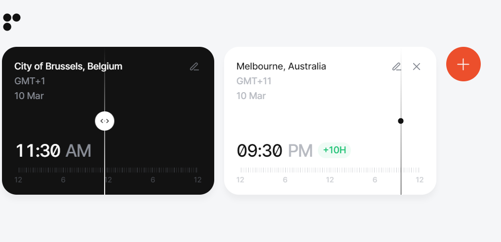 A screenshot showing two boxes that compare the time in Brussels and Melbourne