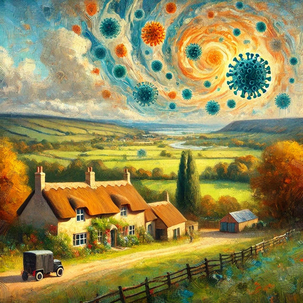 An oil painting-style image of an English countryside scene inspired by the historical Common Cold Unit. The landscape features rolling Salisbury plains with quaint, old English cottage-style buildings. To incorporate the theme of the common cold and viruses, include abstract swirling patterns in the sky, resembling the invisible spread of particles. Integrate subtle shapes reminiscent of cells or microscopic particles within the landscape, blending them naturally into the scenery. The painting uses expressive brushstrokes, autumnal colors, and evokes a scientific yet serene atmosphere.