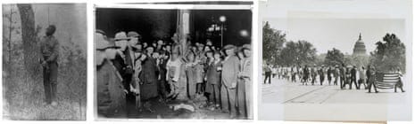 Left to right: The lynching of George Meadows, 1889. Crowd Surrounds Two African American Lynching Victims. A group of African-Americans marching near the Capitol building in Washington, D.C., to protest the lynching of four African-Americans in Georgia.