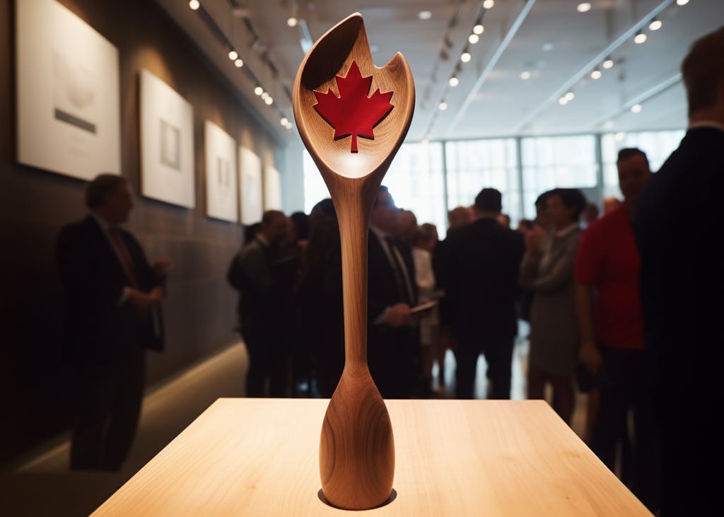 A wooden spoon-shaped trophy with a red maple leaf on the spoon portion. In the background, blurry people in formal dress congregate in a conference room. 