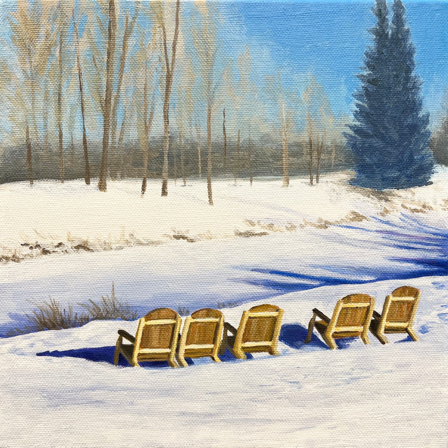 Painting of a winter landscape scene featuring a row of five wooden deck chairs placed alongside a frozen river. Across the river the spindly trees are hazy and barren save for a pair of blue-green evergreens on the bank to the right.