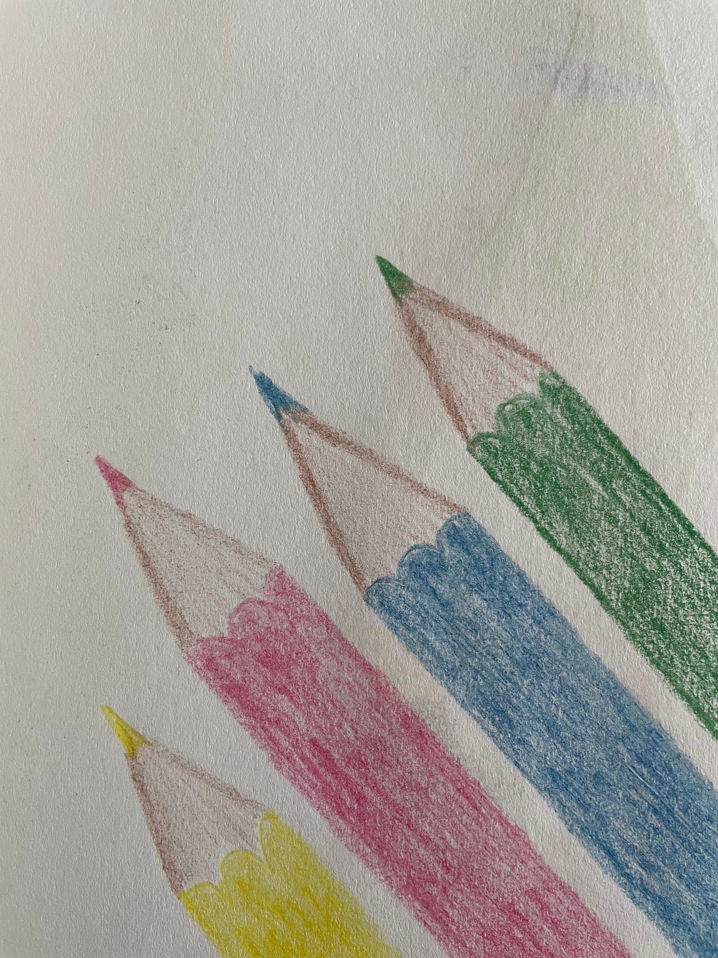 A drawing of four colored pencils: yellow, red, blue, and green, against a white background. 