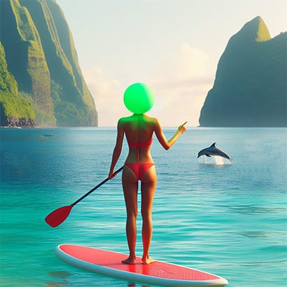 Photo of a gorgeous, serene Hawaiian bay in the foreground, which opens to the ocean in the background. Standing on a paddleboard in the bay is a bald woman in a red bikini. She has noticed a couple dolphins who have partially jumped out of the ocean in the distance, so she points to them.  The woman does not have a head but instead has a basic bright neon green sphere in its place. The sphere is the size of a basketball.