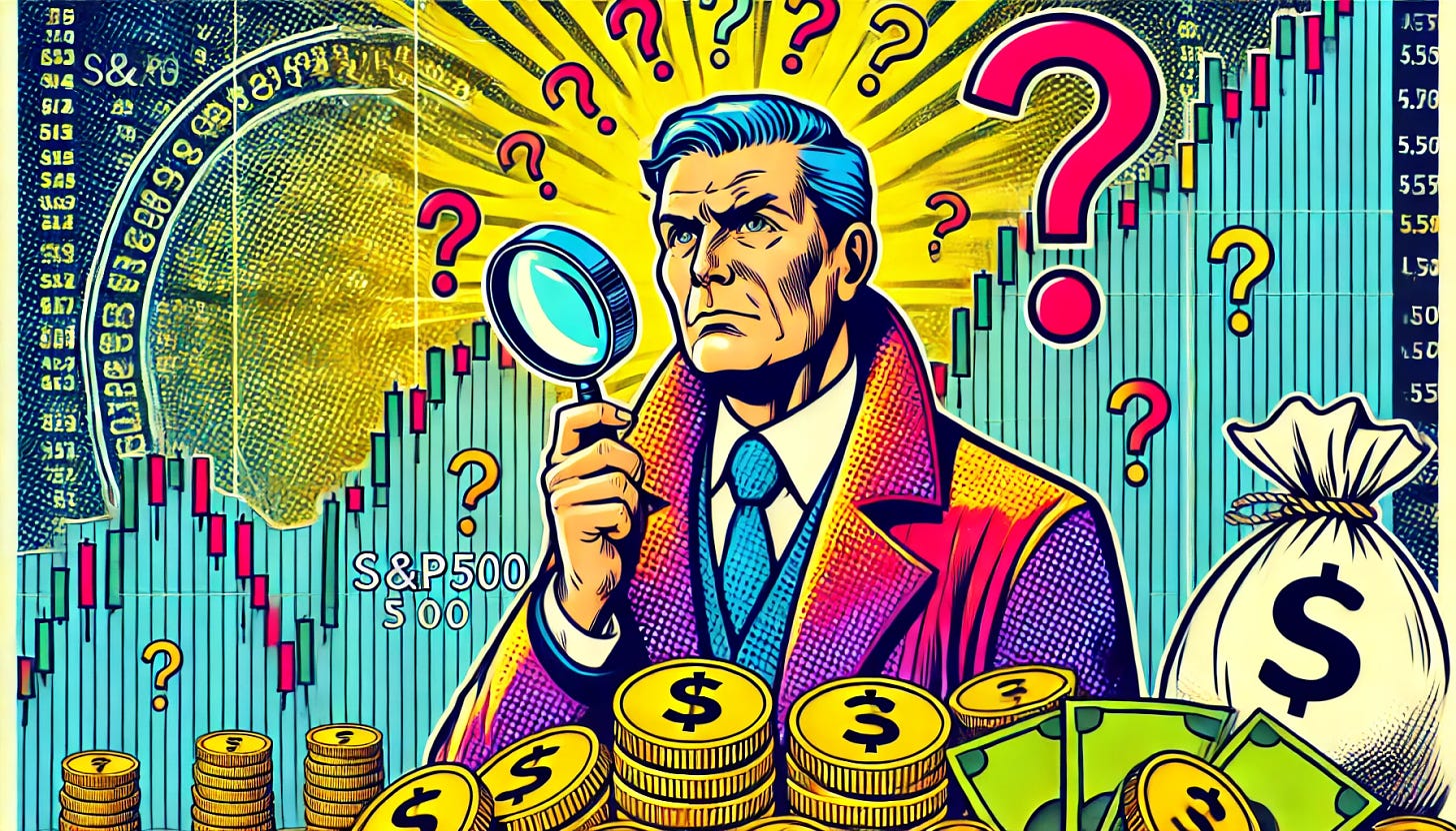 A vibrant, pop-art style illustration featuring a mysterious figure resembling Stanley Druckenmiller, standing in front of a large stock market chart, peering closely at the numbers, with an intense look. He is holding a magnifying glass, and large question marks hover around him. Gold coins and stacks of cash are subtly scattered at his feet, hinting at his possible strategy. The scene should have an investigative, suspenseful tone with the S&P500 graph showing behind him.