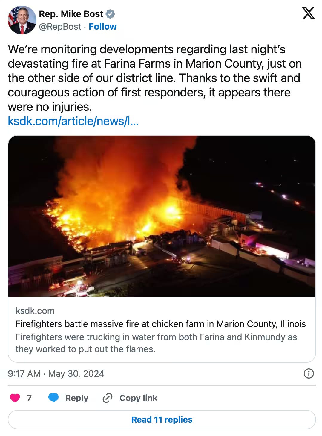X.com Mike Bost kebakaran peternakan ayam Marion County