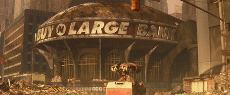 BUY N LARGE BANK signage, set in Futura Extra Bold Oblique