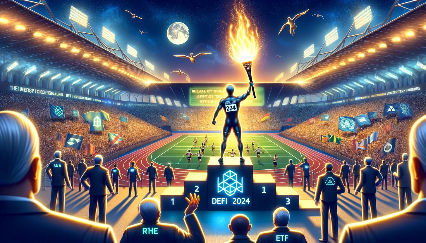 A dynamic and inspiring image portraying Decentralized Finance (DeFi) as a new sport in the 2024 Olympics. The scene is set in a grand Olympic stadium filled with cheering spectators. In the center, a symbolic representation of DeFi stands as a triumphant athlete on a podium, holding a torch that emits a glowing digital flame, symbolizing Real World Asset (RWA) tokenization and potential ETF approvals. Around the athlete, other traditional financial representatives are depicted as competitors, amazed by DeFi's sudden rise. Above the stadium, a digital scoreboard displays 'DeFi 2024: The Future of Finance.' The atmosphere is electric, signifying DeFi's groundbreaking entry into the mainstream financial arena.