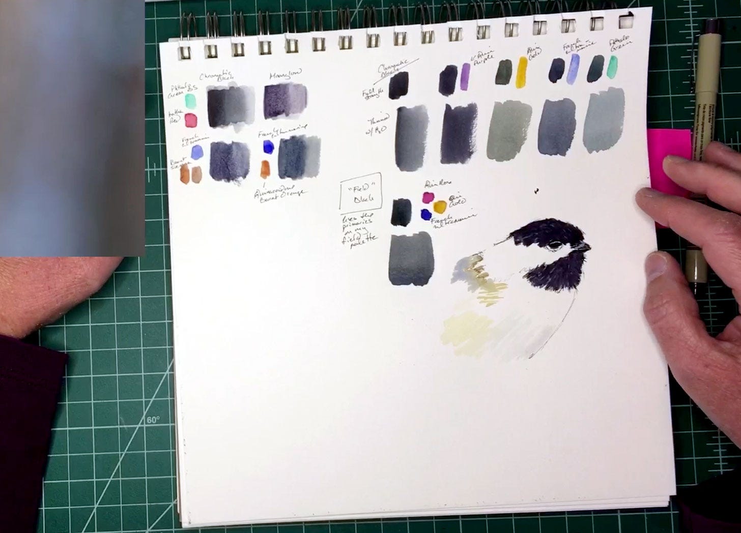 sketchbook page with paint swatches in shades of black