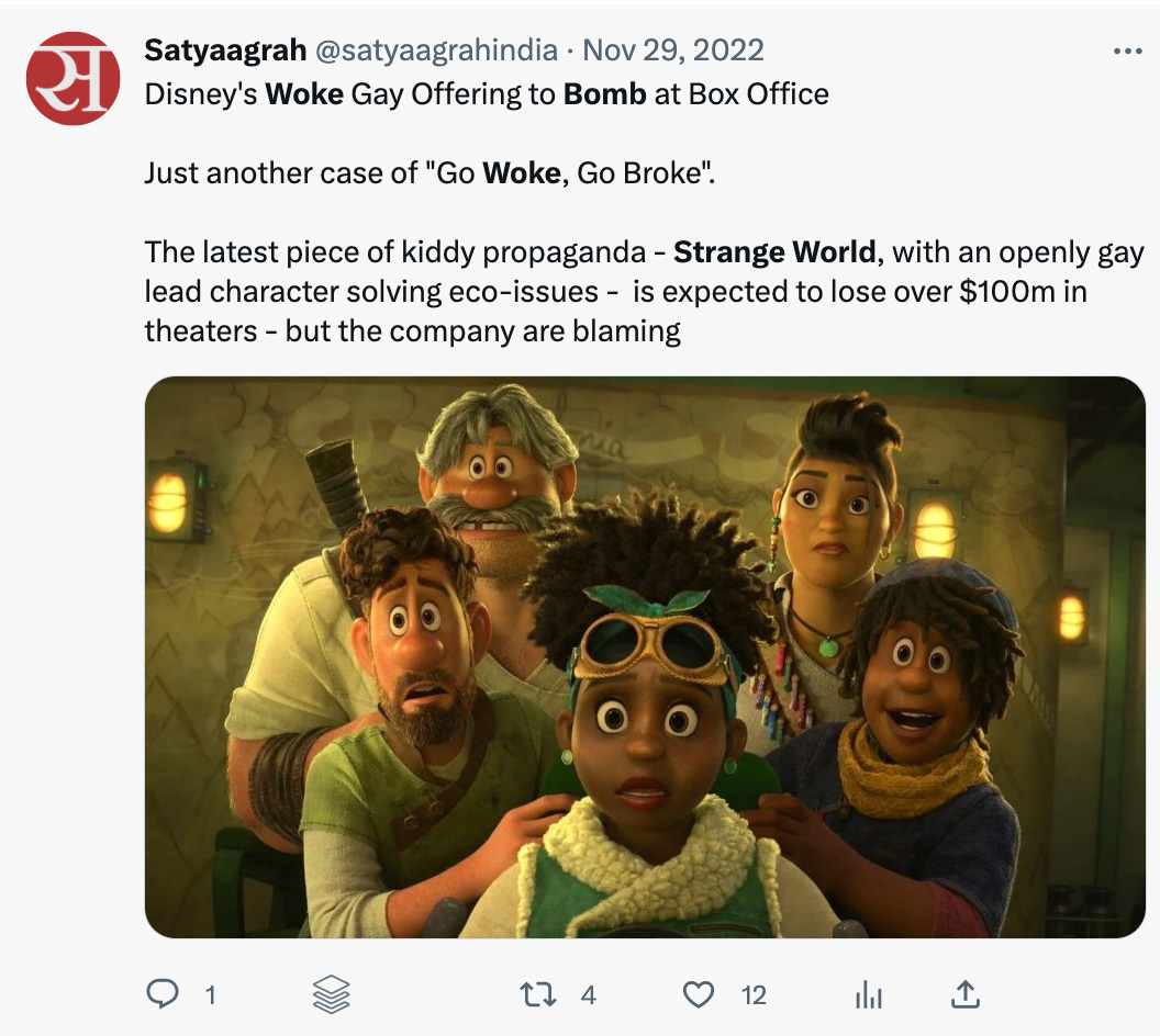 Screenshot of a tweet from Satyaagrah discussing Strange World's performance at Box Office.