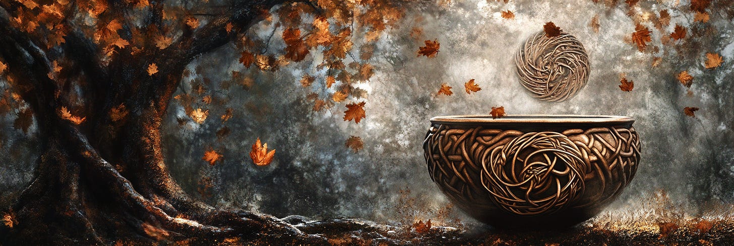 A mystical autumn scene featuring a large, intricately carved bowl with Celtic-inspired knot patterns set against a dark, ethereal forest background. Amber-colored leaves drift through the air, adding a sense of movement and fall ambiance. Above the bowl, a matching woven circular emblem floats, reinforcing the earthy, magical atmosphere. The scene evokes a feeling of ancient ritual or enchanted woodland.