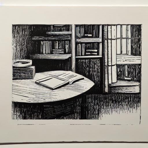 Das Bild zeigt die Zeichnung eines Schreibtisches, darauf liegt ein Buch.