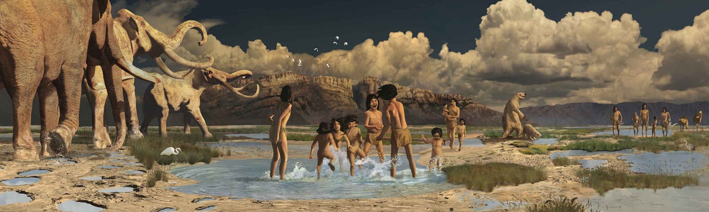 Columbian mammoths, ground sloths, and groups of people splashing in water and walking through mud with bluffs in the background Columbian mammoths, ground sloths, and groups of people splashing in water and walking through mud with bluffs in the background