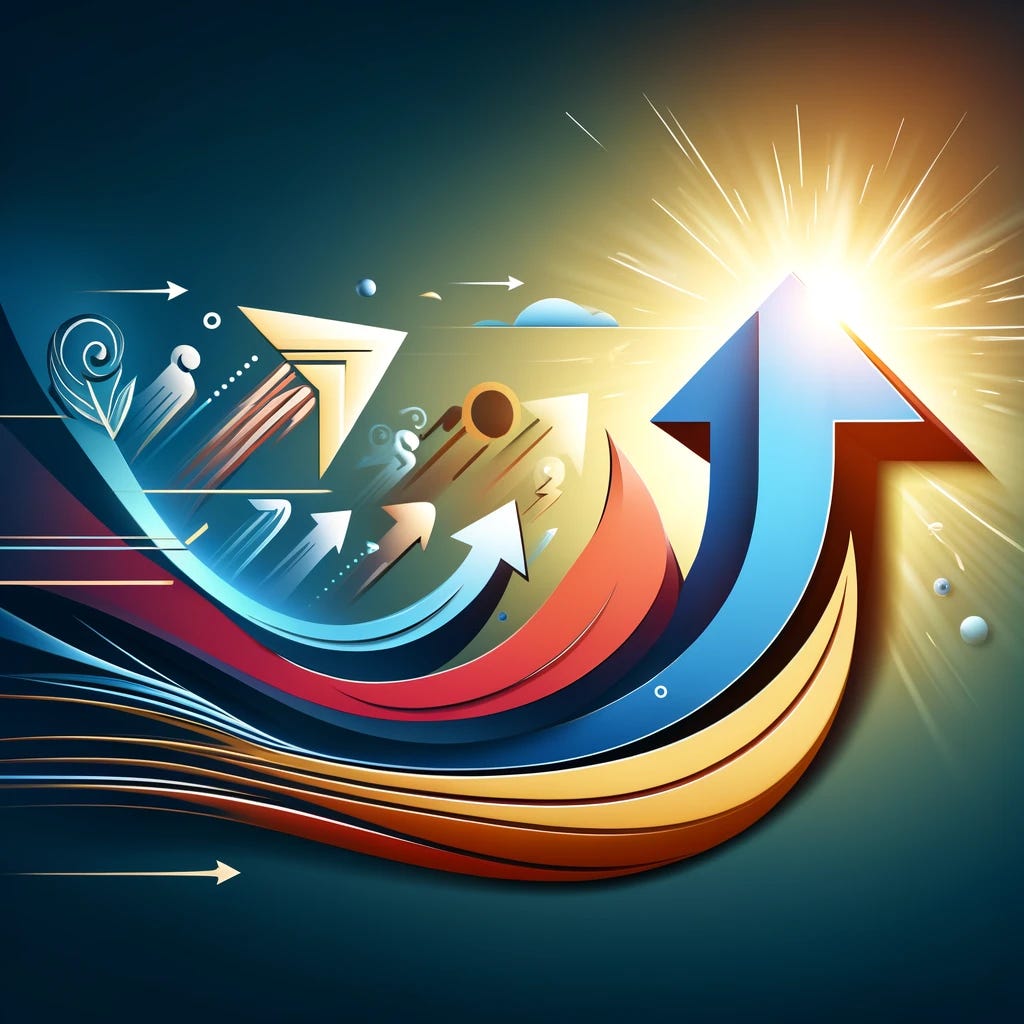 A friendly conceptual image depicting the theme 'Speak first, then lead' using an arrow to symbolize the process. The image should not include any people or text. The arrow is creatively designed to convey a sense of motion and progression, embodying the idea of taking the initiative to speak leading to leadership. The overall atmosphere should be positive and uplifting, with bright colors and a smooth, flowing design that enhances the sense of moving forward.