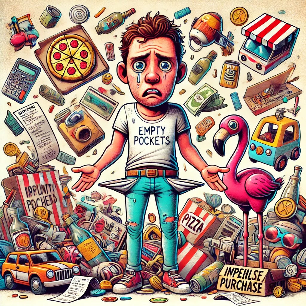 A humorous illustration of a person with empty pockets and a puzzled expression, surrounded by quirky items like a collection of random receipts, a toy flamingo, a pizza box, and a broken piggy bank. The setting is a cluttered room with exaggerated chaos, including a cat wearing sunglasses and a stack of impulse purchase gadgets. Vibrant and cartoonish style.