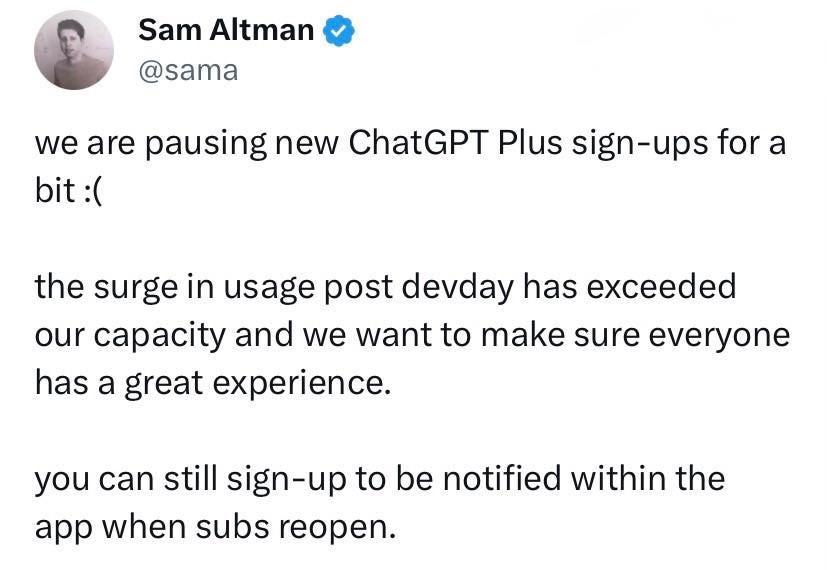Sam Altman posting on X about ChatGPT Plus subscriptions being paused