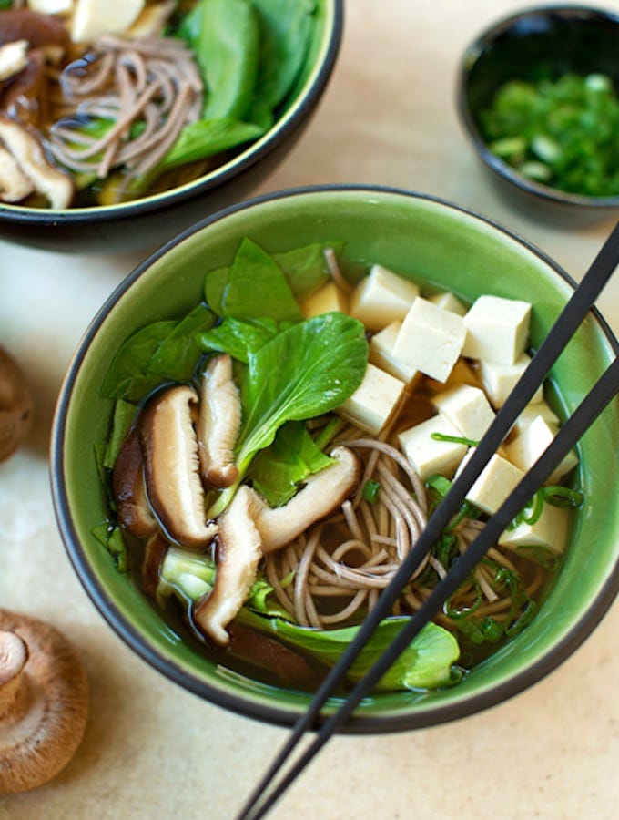 Asian Noodle Soup with Tofu, shiitake mushrooms, & Greens