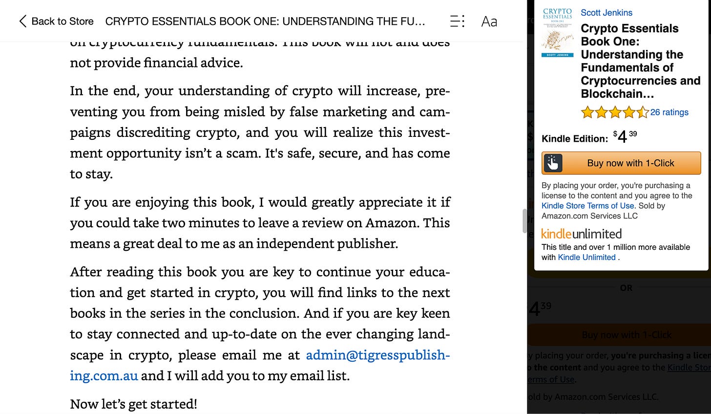 screenshot of a portion of the sample text from "Crypto Essentials Book One: Understanding the Fundamentals of Cryptocurrencies and Blockchain Technology" by "Scott Jenkins"