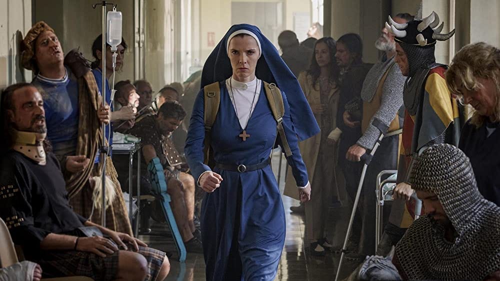 Promotional image for Mrs. Davis featuring Simone the nun striding forward.