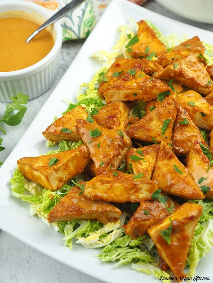 Peanut satay golden tofu triangles