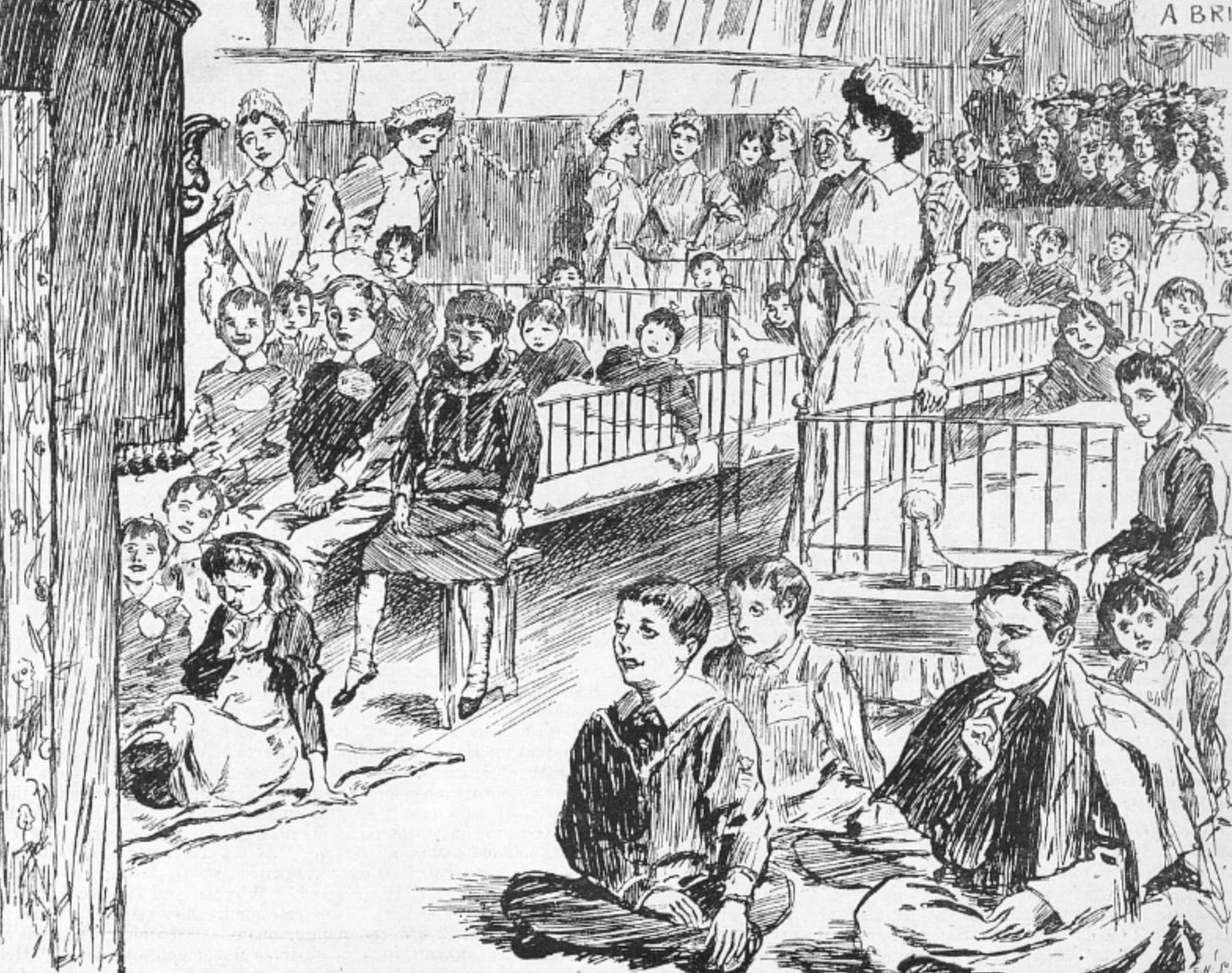 A Victorian newspaper illustration showing a busy hospital ward. To the left of the image, a Punch and Judy show is facing away from the viewer - we are looking the audience of children, some seated on the floor and others in iron-framed hospital beds. Several nurses are in attendance and there are visitors standing at the back, also watching the show.