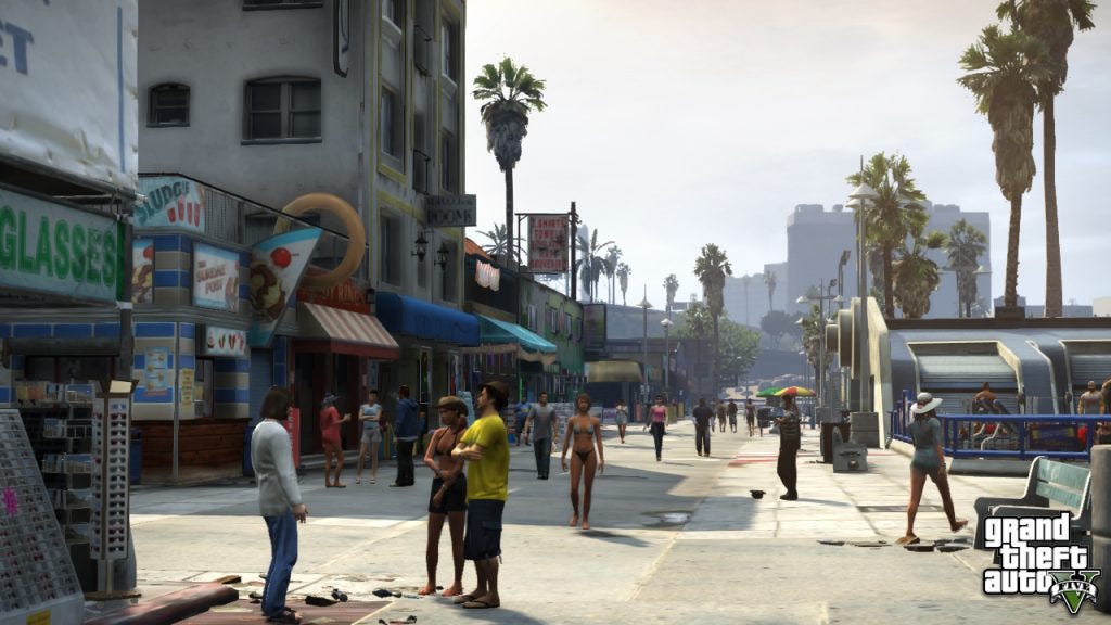 a view of vespucci beach in los santos from gta v, based on real-life venice beach