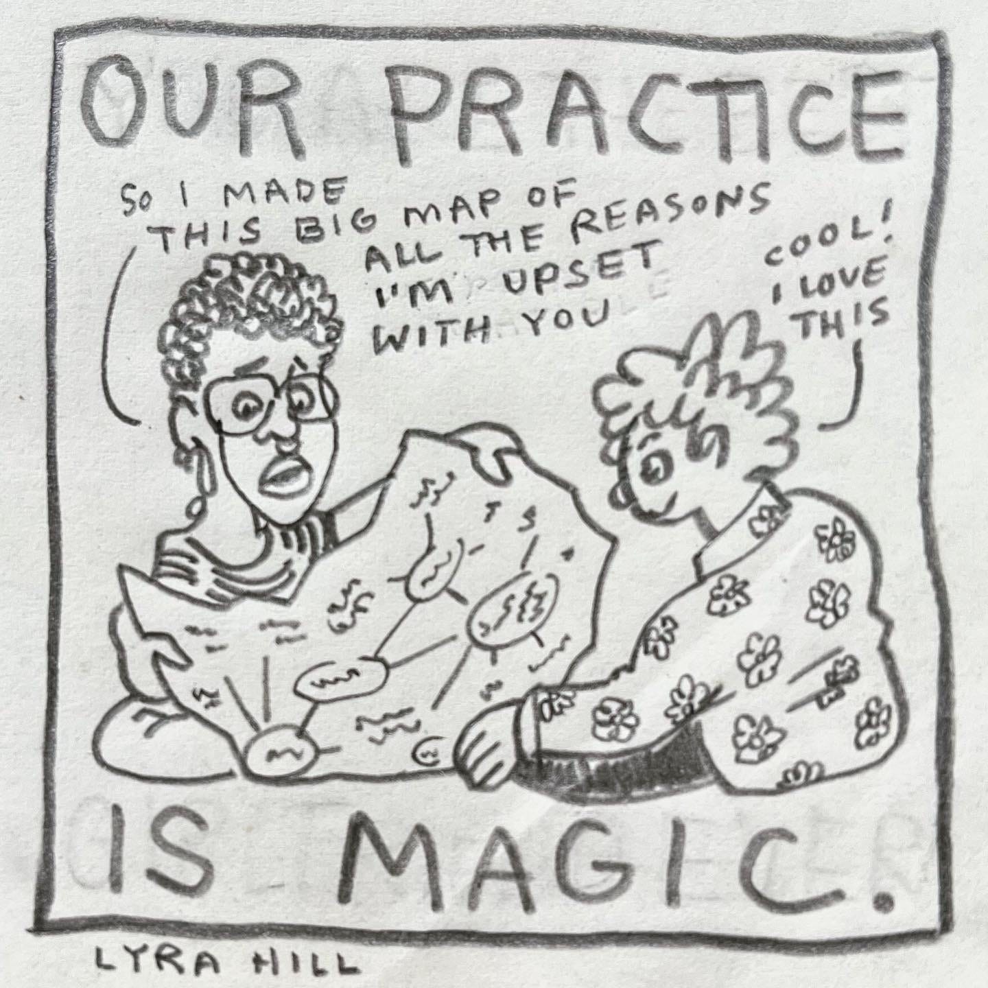 Panel 6: our practice is magic. Image: Maze and Lark sit cross legged on the floor. Maze is opening a giant piece of paper with circles, lines and text drawn all over it. They look nervous, saying "so I made this big map of all the reasons I'm upset with you." Looking at the map and smiling, Lark responds ”cool! I love this"