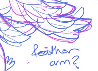 preview of concept art of a sketchy wing with the handwritten text "feather arm?" underneath