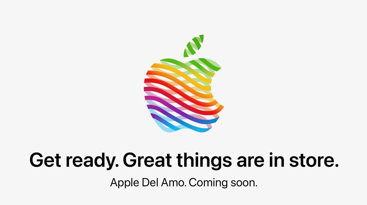 The heritage logo and the text, "Get ready. Great things are in store. Apple Del Amo. Coming soon."