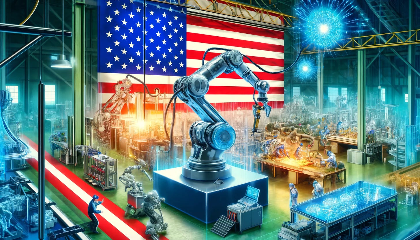 A vibrant and patriotic scene of an American manufacturing facility. The background features American flags and symbols of American pride. The facility is bustling with activity, showcasing advanced robots and automation systems efficiently assembling products. Workers are seen collaborating with the robots, representing a harmonious blend of human and machine labor. The overall atmosphere is positive and forward-looking, highlighting the benefits of automation in strengthening American manufacturing.