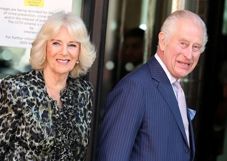 King Charles III and Queen Camilla arrive at the University College Hospital Macmillan Cancer Center on Tuesday in London. (Chris Jackson/Getty Images North America/TNS)